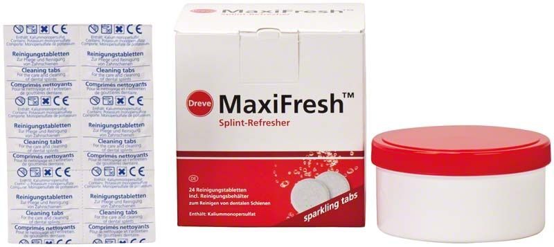 MaxiFresh Reinigungstabletten-Verpackung mit Reinigungsbehälter und Tabletten.
