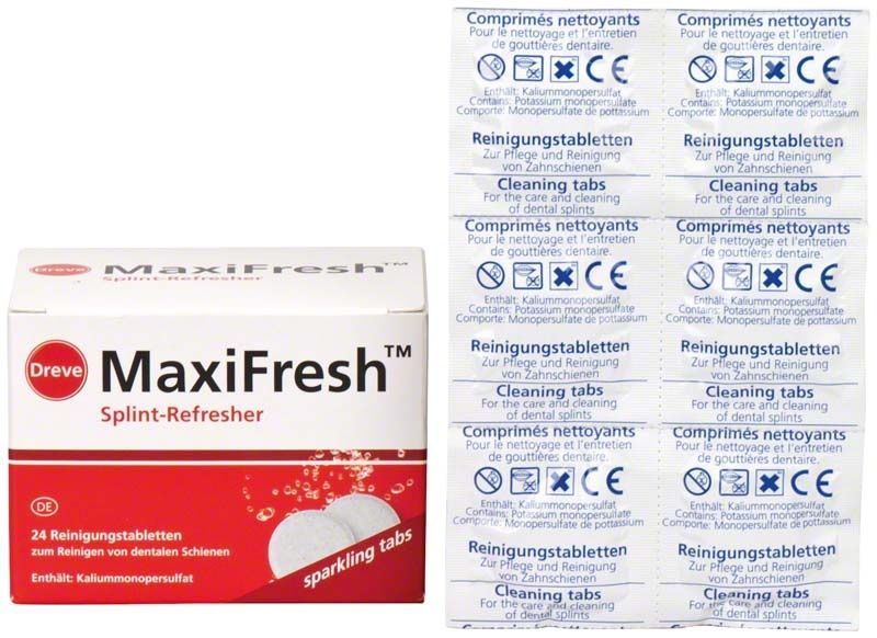 MaxiFresh™ Reinigungstablettenverpackung mit 24 Tabletten zur Zahnschienenreinigung.