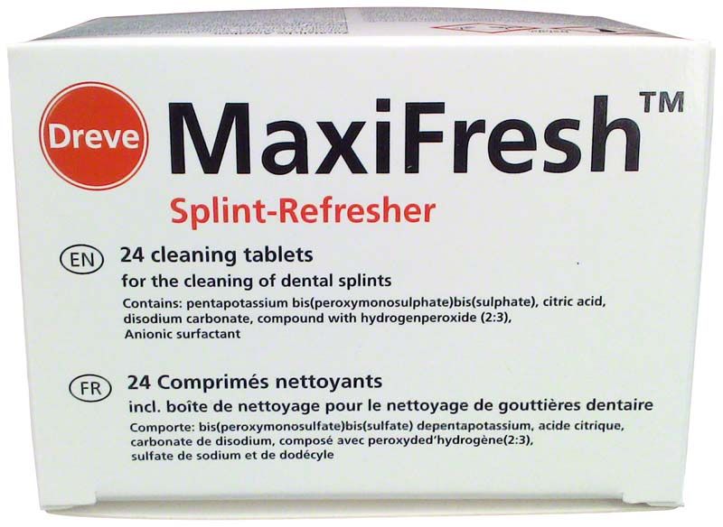 MaxiFresh™ Splint-Refresher Verpackung mit 24 Reinigungstabletten für Zahnschienen.