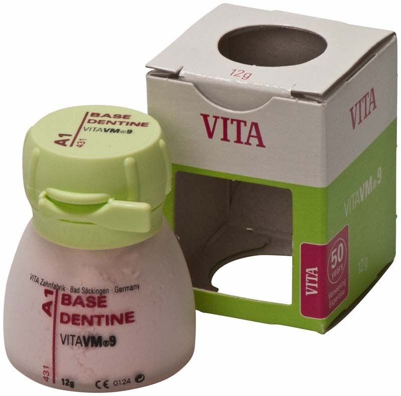 Glasbehälter mit VM9 Classical Base Dentin A1 und zugehöriger Verpackung.