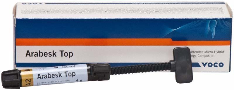 Arabesk Top Spritze A2 vor Verpackung mit Voco-Logo.