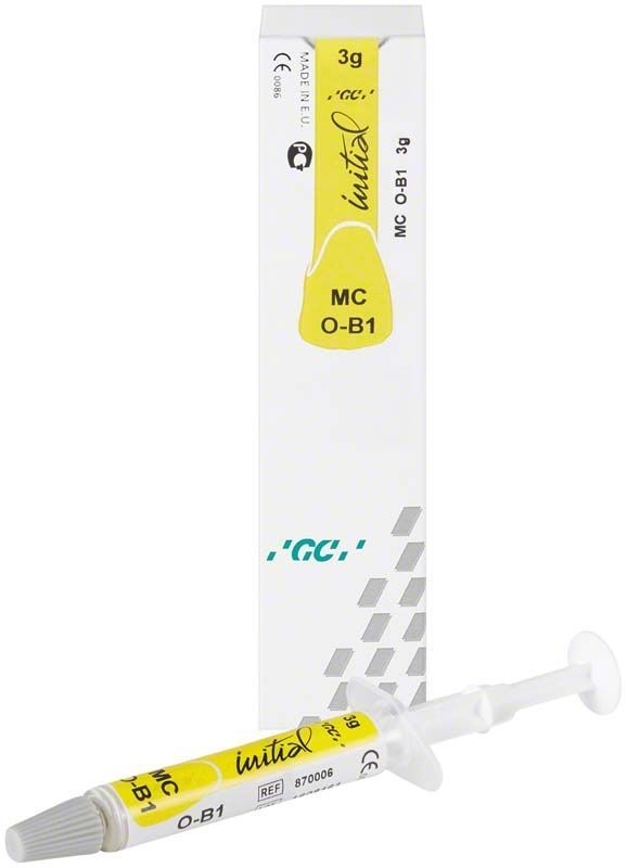 GC Initial MC Paste Opaque OB1 Spritze vor Verpackung.