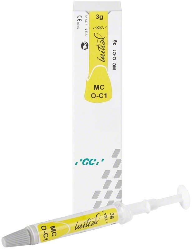 GC Initial MC Paste Opaque OC1 in Spritze mit Verpackung.