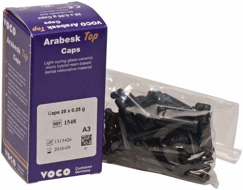 Arabesk Top Caps A3 Verpackung mit 25 Glaskeramik-Füllungskapseln.