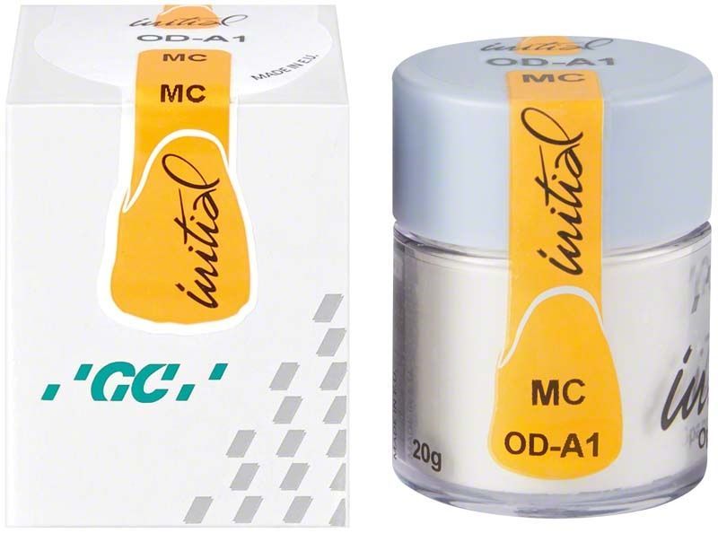 GC Initial MC Opaque Dentin 20g OD-A1 im Glasbehälter mit Verpackung.