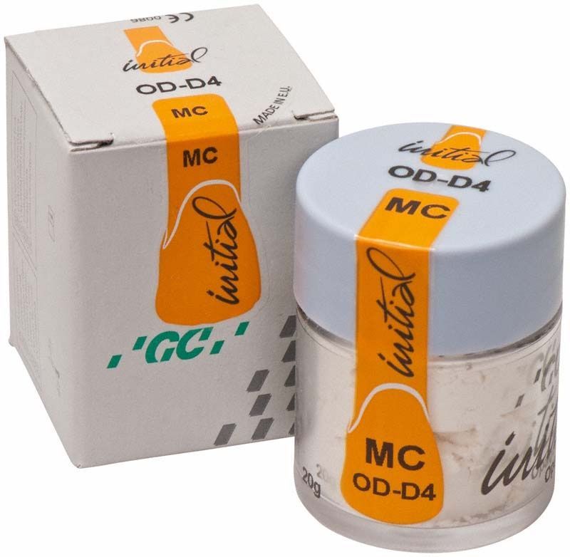 GC Initial MC Opaque Dentin 20g ODD4 Verpackung und Dose mit orangefarbenem Etikett.