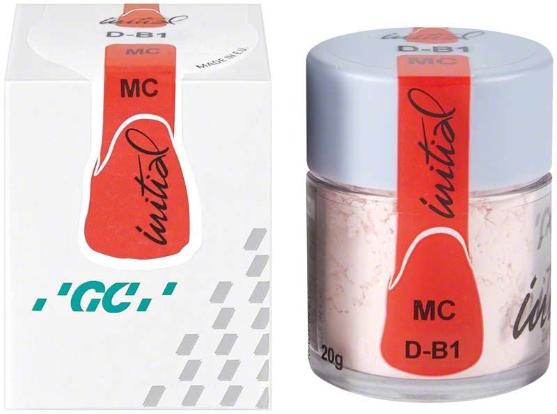 GC Initial MC Dentin 20g DB1 in transparentem Behälter mit rotem Etikett.