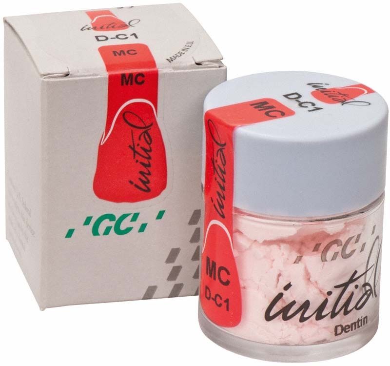 Glasbehälter mit GC Initial MC Dentin 20g Pulver und Verpackung.