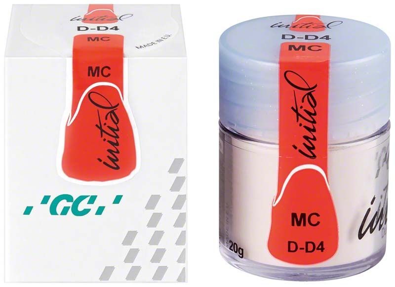 GC Initial MC Dentin 20g DD4 in transparentem Behälter mit rotem Etikett.