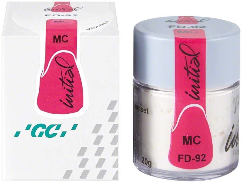 GC Initial MC Fluo-Dentin 20g FD-92 Zahntechniker-Pulver in Glasbehälter mit Verpackung.