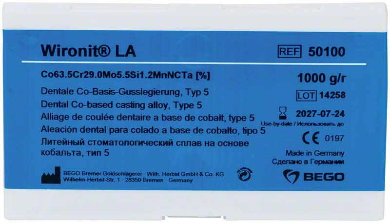 Wironit® LA 1000g CoCr-Gusslegierungspackung mit technischen Details.