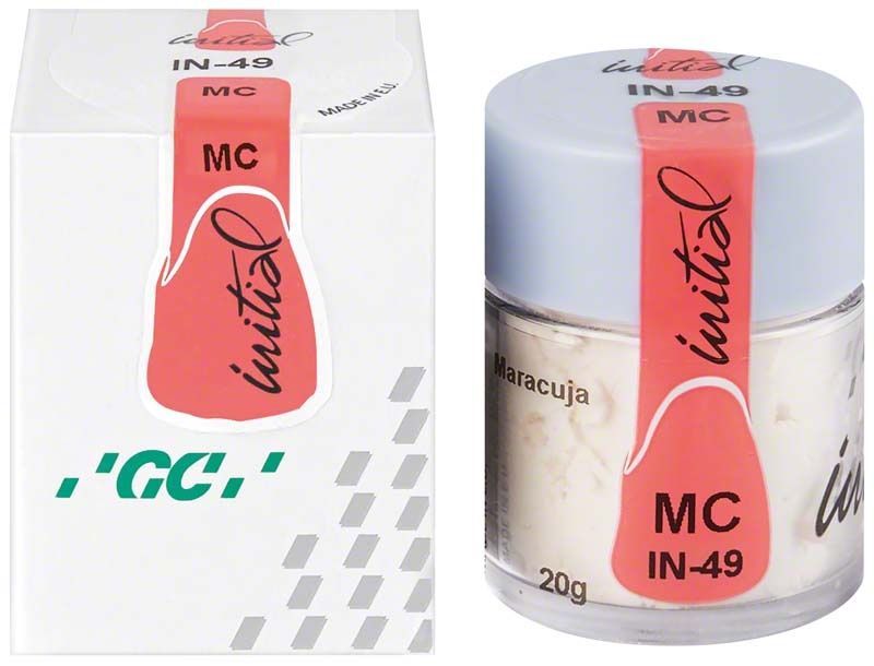 Weiße Verpackung und Glasbehälter von GC Initial MC IN-49 Maracuja 20g.