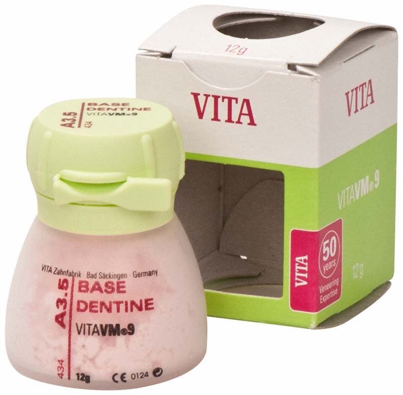 VITA VM9 Base Dentin 12g A3,5 vor Verpackung in weiß-grün.