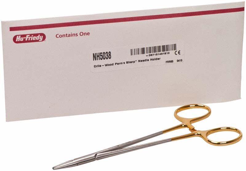 Nadelhalter Crile-Wood Perma Sharp mit Wolframcarbid-Einsätzen auf Verpackung.