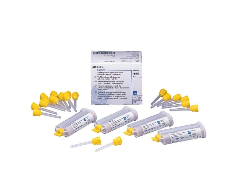 Kartuschen des 3M™ Express™ STD-Putty Abformmaterials mit gelben Mischspitzen.