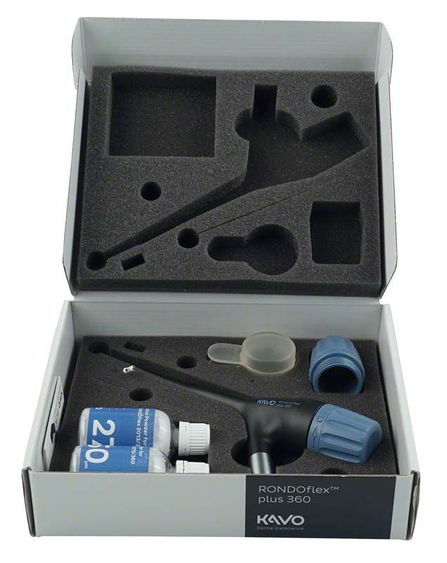 RONDOflex plus Geräteteile in geöffneter Verpackung mit Zubehör.