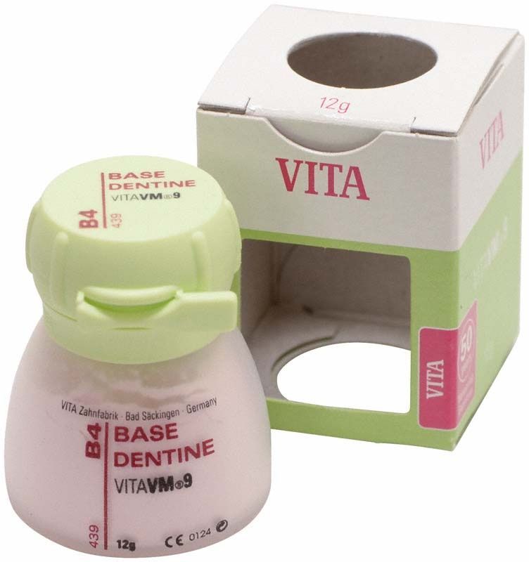 VITA VM9 Base Dentin B4 12g in weißer Verpackung mit grünem Deckel.