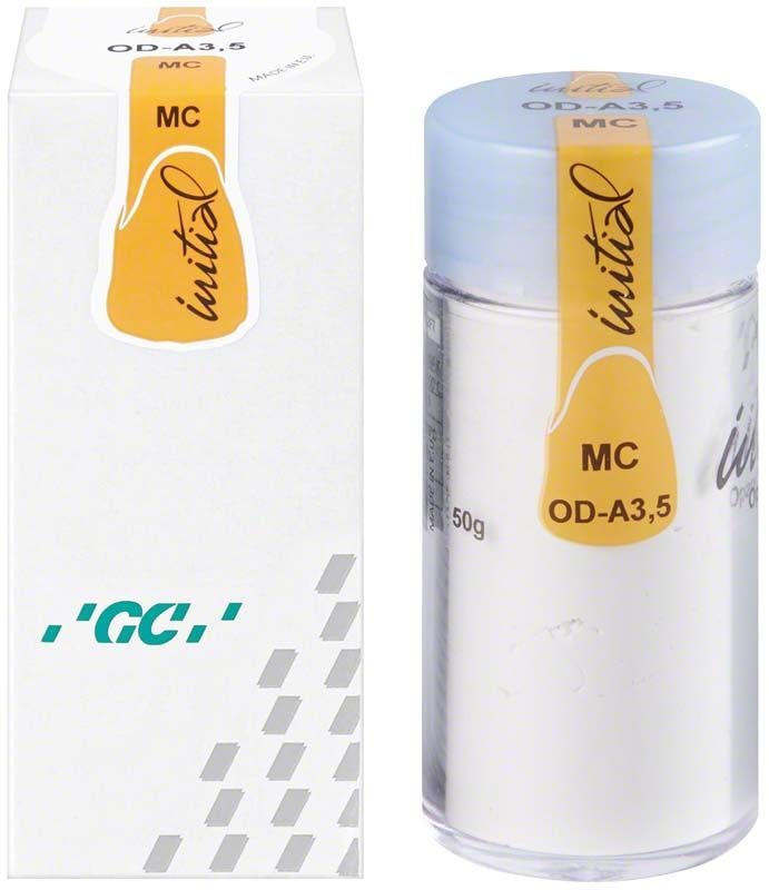 GC Initial MC Opaque Dentin 50g ODA3,5 mit Verpackung und Flasche.