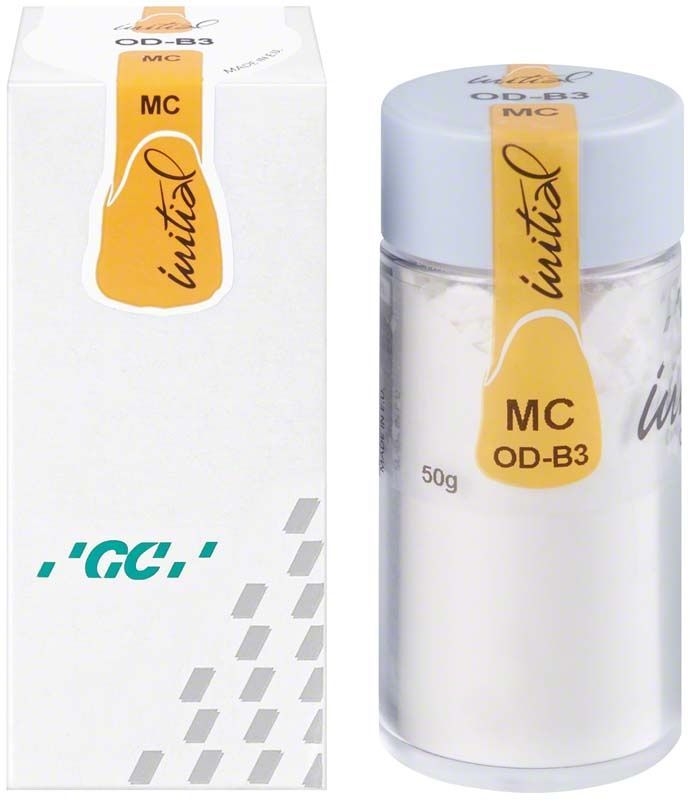 GC Initial MC Opaque Dentin 50g OD-B3 in Kunststoffbehälter und Verpackung.