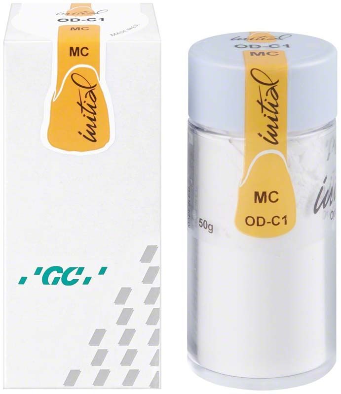 GC Initial MC Opaque Dentin 50g ODC1 in weißer Verpackung mit gelbem Etikett.