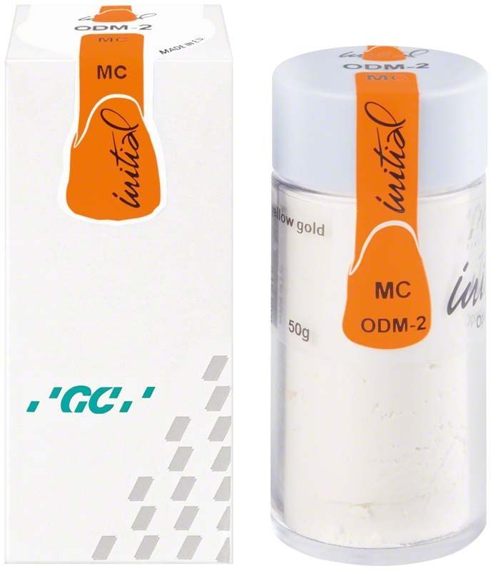 GC Initial MC Opaque Dentin Modifier 50g, Verpackung und Glasbehälter mit orangefarbenem Etikett.