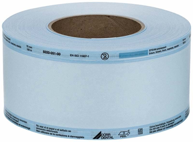 Hygofol Rollen 75mm 100m Klarsichtsterilisierverpackung mit blauer Umrandung.