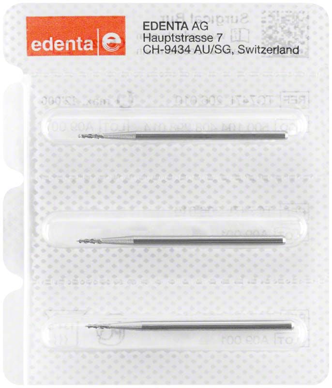 Verpackung mit drei Knochenfräsern C163A 014 HP von Edenta AG