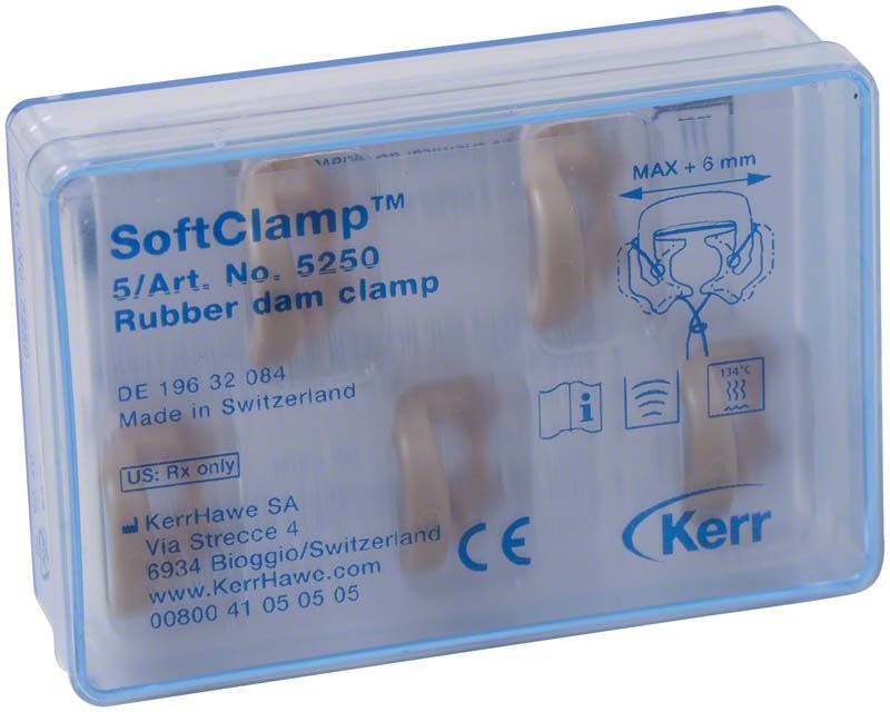 SoftClamp™ Kofferdamklammern in transparenter Kunststoffverpackung mit Aufdruck.
