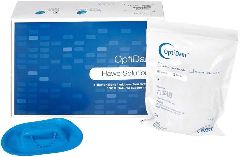 Optidam Anterior 60er Verpackung mit blauem Kofferdam und Zubehör.
