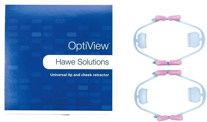 OptiView Lippen- und Wangenhalter Kit mit Verpackung und zwei Retraktoren.
