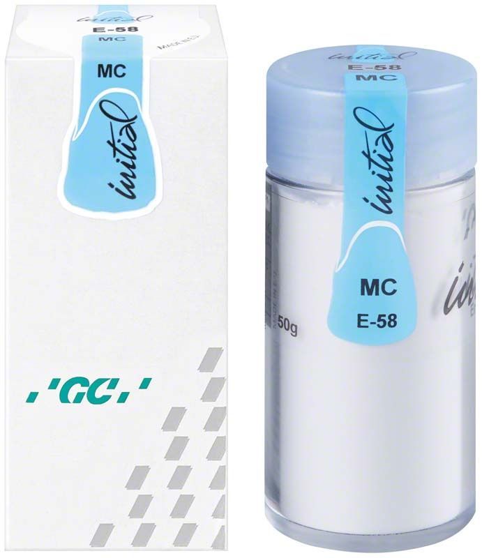 GC Initial MC Enamel 50g E-58 Keramikmasse mit Verpackung und Glasbehälter.