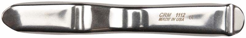 Zungen- und Wangenhalter aus Edelstahl mit Prägung "CRM 1112 MADE IN USA".