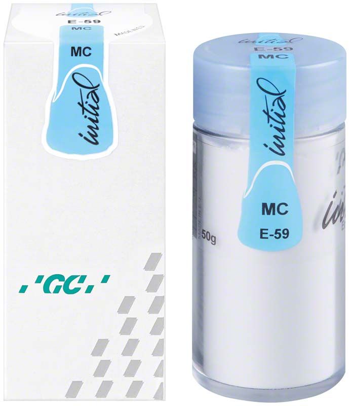 GC Initial MC Enamel 50g E-59 Keramikmasse neben Verpackung.