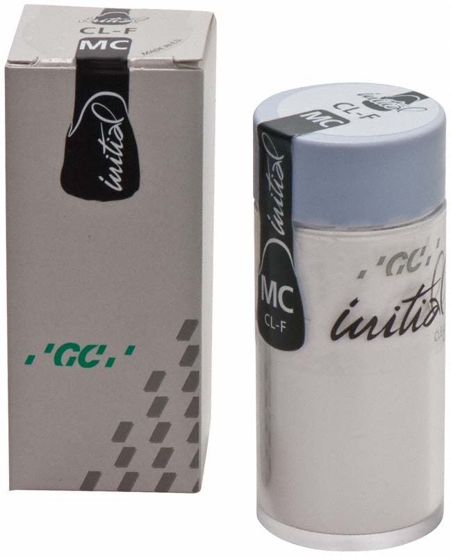 GC Initial MC Clear Fluorescence 50g Keramikmasse mit Verpackung und Produktbehälter.