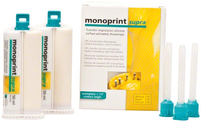 Monoprint supra 2x50ml Transferabformung Silikon mit Zubehör auf weißem Hintergrund.