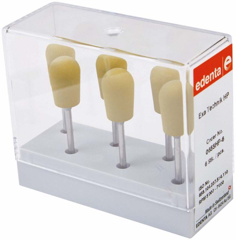 Sechserpack Exa Technik gelb-polierende Dentalbürsten in durchsichtiger Verpackung.