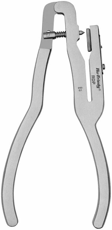 Kofferdam-Lochzange 16cm aus Edelstahl mit Federmechanismus.