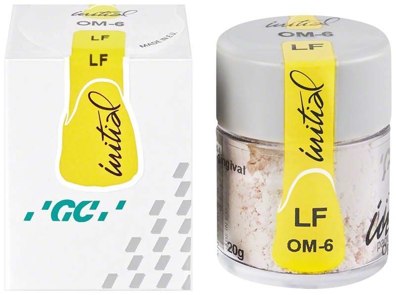 GC Initial LF Pulver Opaque Modifier OM-6 in Kunststoffdose und Verpackung.