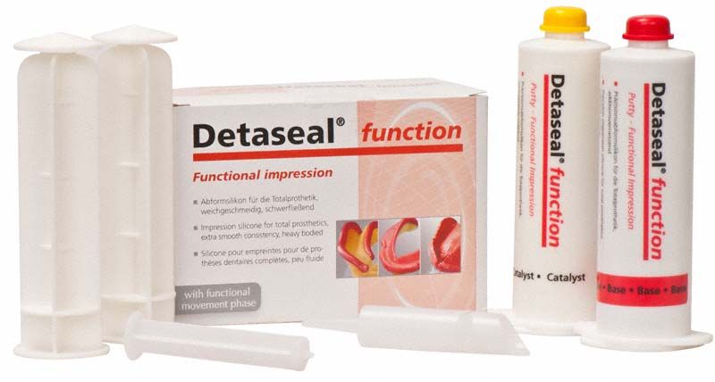 Detaseal function Abformmaterial mit zwei Kartuschen und Verpackung.