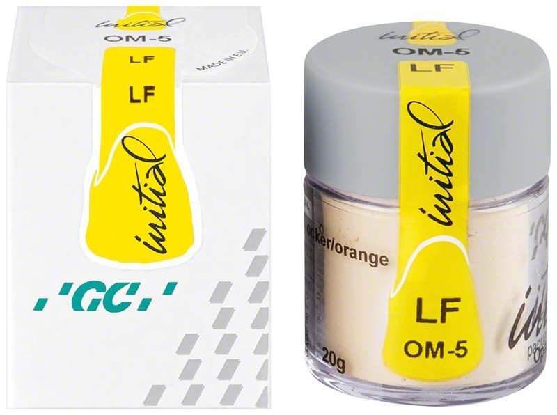 GC Initial LF Powder Opaque Modifier OM-5 in weißem Behälter mit gelben Etikett.
