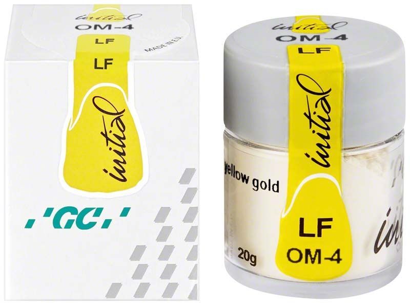 GC Initial LF Powder Opaque Modifier OM-4 in Originalverpackung und Glasbehälter.