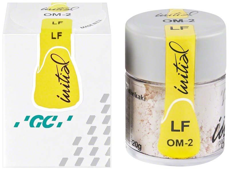 GC Initial LF Powder Opaque Modifier OM-2 in Kunststoffdose mit gelbem Etikett.