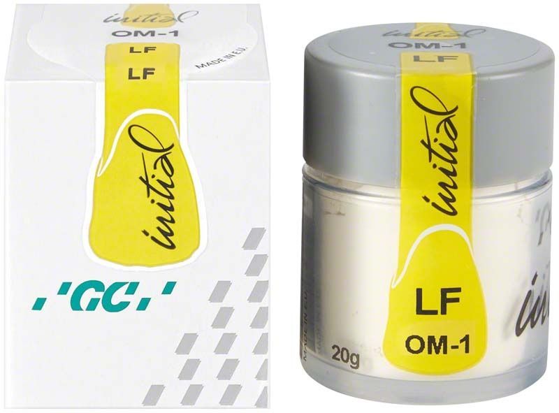 GC Initial LF Powder Opaque Modifier OM-1 in weißer Verpackung mit gelbem Etikett.