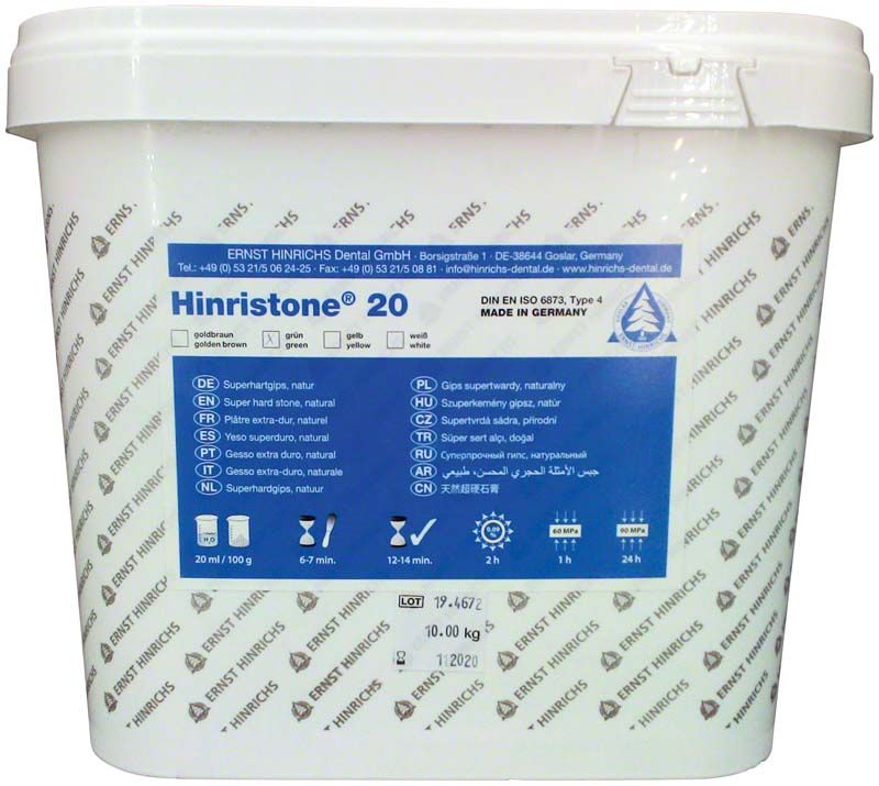 Hinristone® 20 grün 10 kg Eimer mit Produktinformationen auf blauem Etikett.