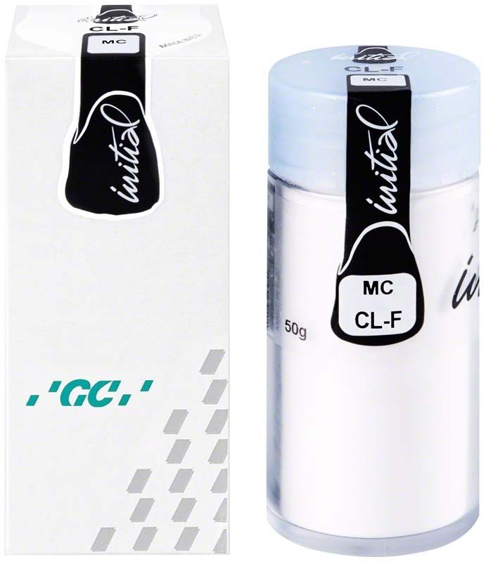 GC Initial LF Powder Opaque OC4 in weißer Verpackung mit schwarzem Etikett.