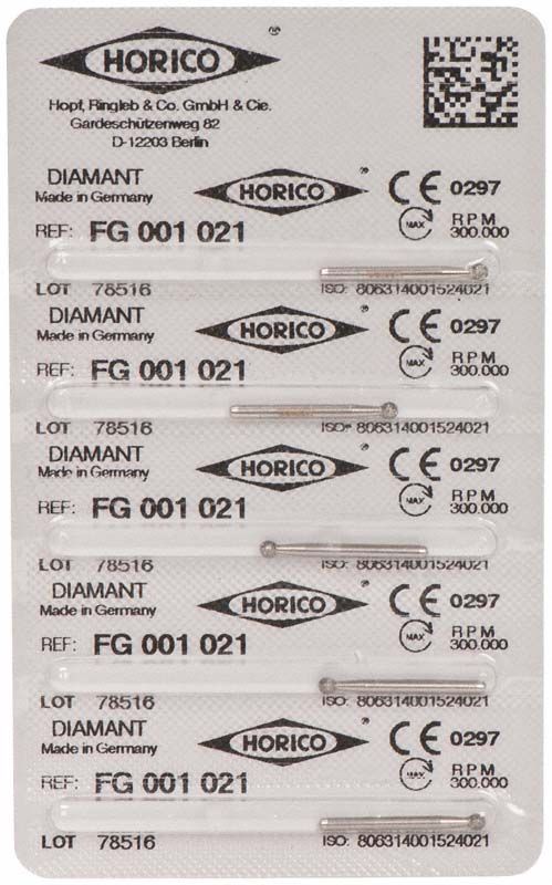 Verpackung von Diamant FG 001 021 für zahnmedizinische Anwendungen.