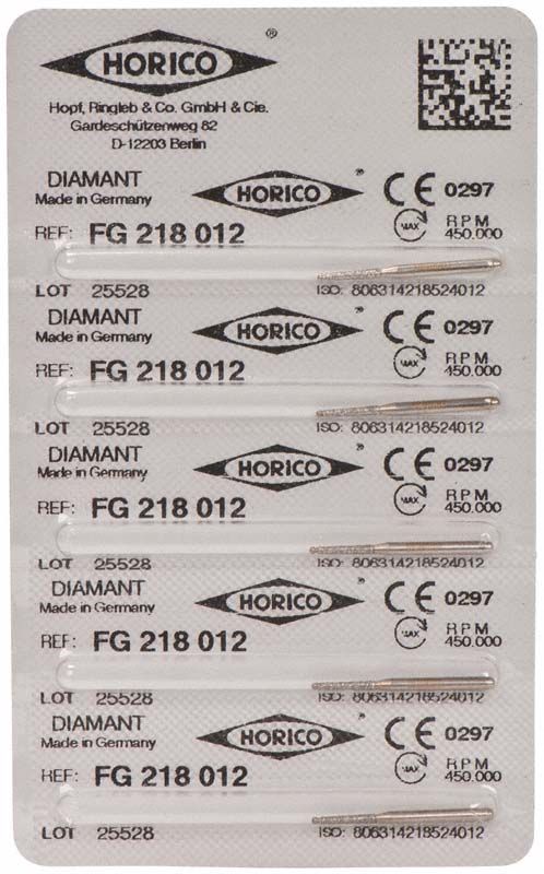 Verpackung mit Diamant FG 218 012 Dentalbohrern, CE-Kennzeichnung sichtbar.