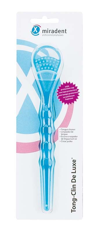 Blau-transparenter Zungenreiniger Tong-Clin® De Luxe mit Borsten und Schaber in Verpackung.