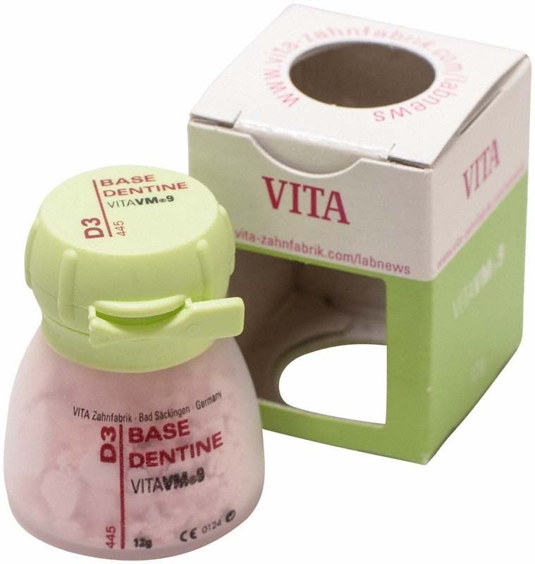 VM9 Classical Base Dentin 12g D3 in grünem Behälter mit Verpackung.