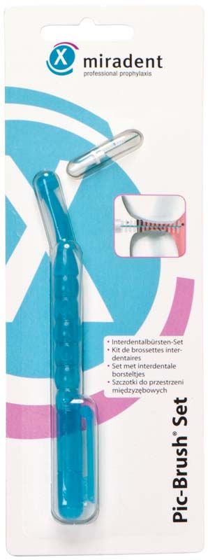 Interdentalbürstenhalter Pic-Brush® Set blau transparent auf Verpackung.